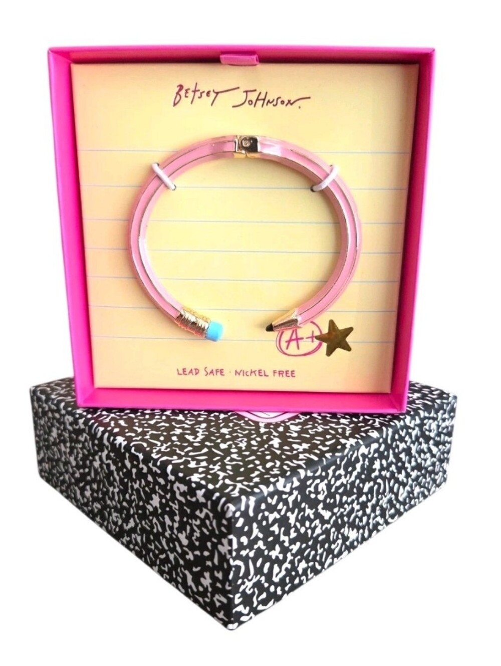 Betsey Johnson Pink Pencil Back To School Hinged Bangle Bracelet, NEW IN BOX